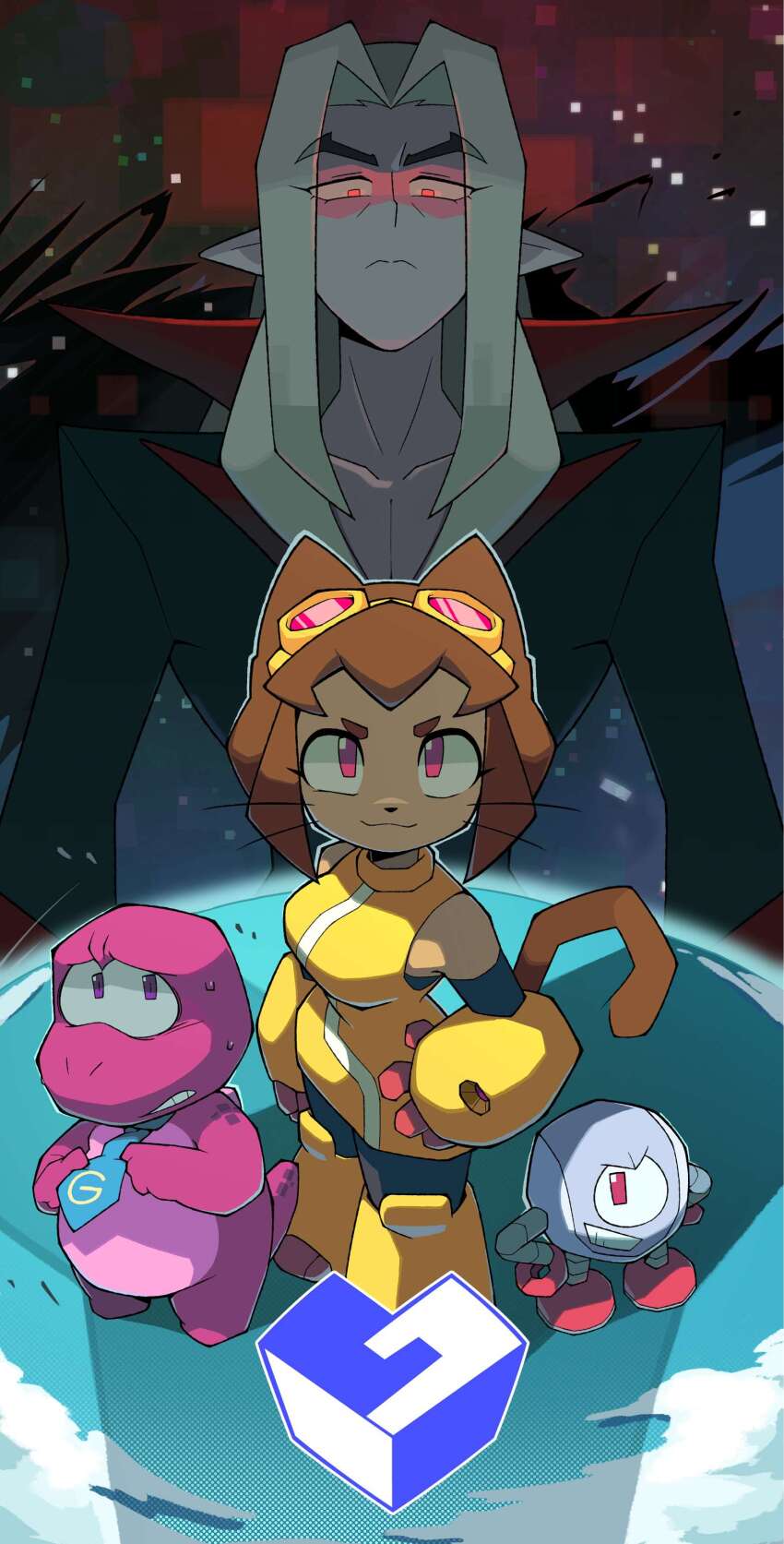 1girl, 3boys, absurdres, animal_ears, black_jacket, black_pants, blue_necktie, boots