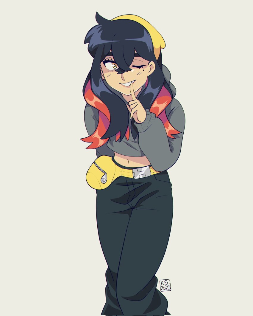 1girl, arm_behind_back, black_hair, black_pants, carmine_(pokemon), colored_inner_hair, commentary, commission