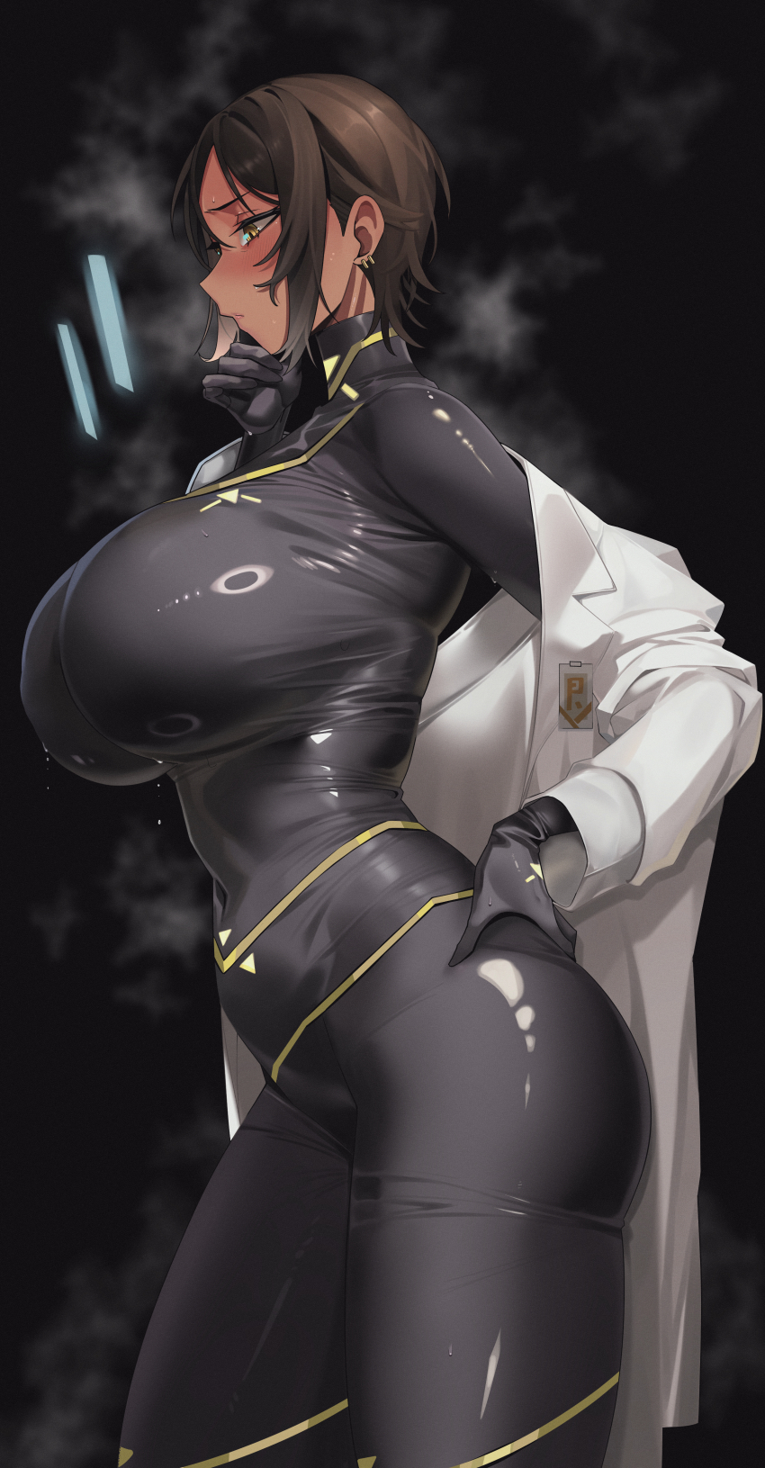 1girl, absurdres, black_bodysuit, blush, bodysuit, breasts, brown_eyes, brown_hair, coat, commentary_request, dark-skinned_female, dark_skin, earrings, from_side, highres, jewelry, korean_commentary, large_breasts, limbus_company, off_shoulder, outis_(project_moon), p_corp_uniform, project_moon, rhlatm, short_hair, solo, steam, sweat, turtleneck, turtleneck_bodysuit, white_coat