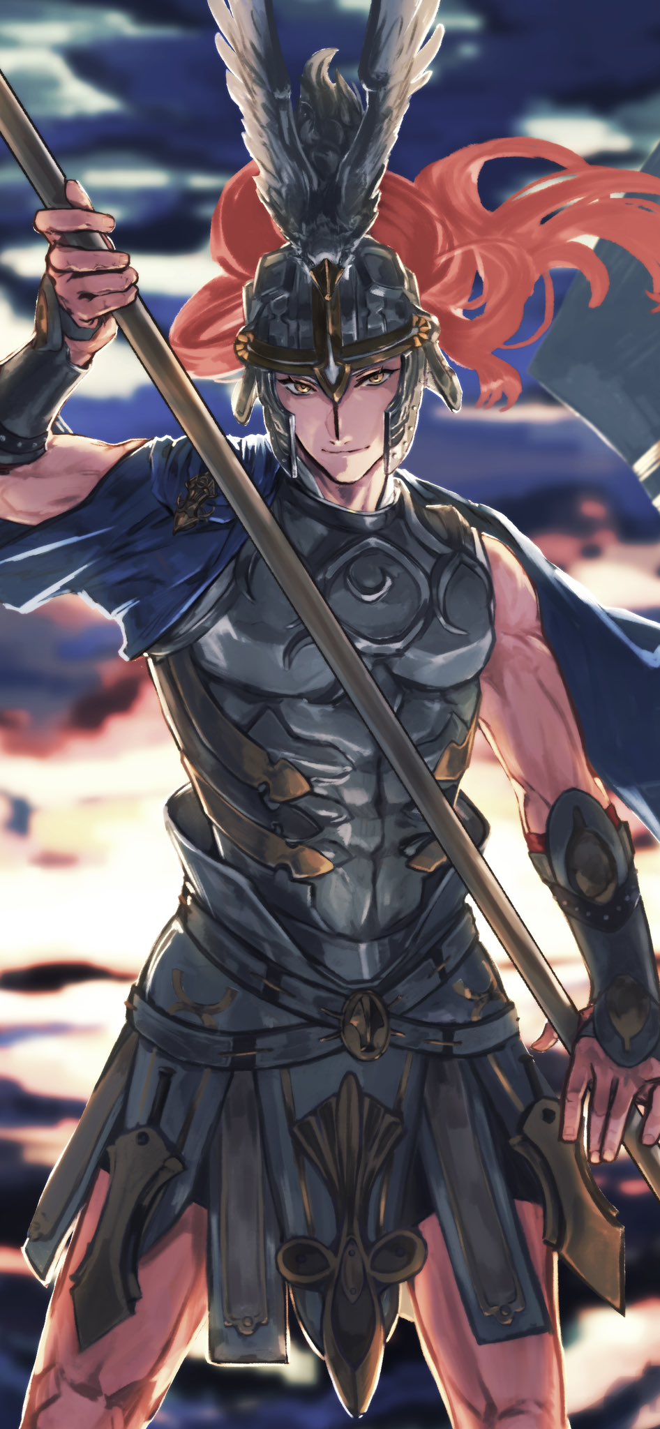 1boy, armor, cloud, commentary_request, fate/grand_order, fate_(series), feet_out_of_frame, helmet