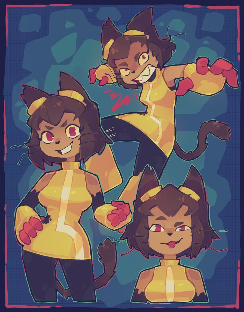 1girl, animal_ears, black_pants, boots, brown_hair, cat_ears, cat_girl, cat_tail, gameoverse, gauntlets, goggles, goggles_on_head, hand_on_own_hip, highres, kit_(gameoverse), leafysky22, pants, raised_eyebrow, red_eyes, sharp_teeth, shirt, sleeveless, sleeveless_shirt, tail, teeth, thick_eyebrows, tongue, tongue_out, whiskers