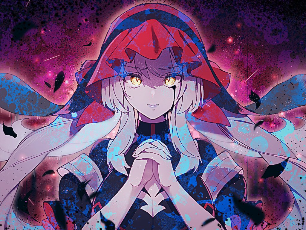 1girl, black_dress, breasts, commentary_request, crying, crying_with_eyes_open, dress, fate/grand_order, fate_(series), large_breasts, lucky_life_ccc, marie_antoinette_(fate), marie_antoinette_alter_(fate), marie_antoinette_alter_(second_ascension)_(fate), own_hands_together, solo, tears, upper_body, white_hair, yellow_eyes