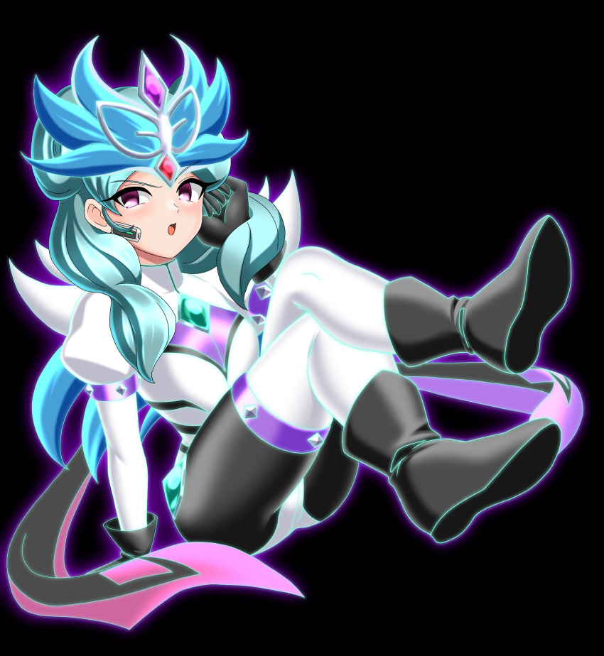 1girl, absurdres, aqua_hair, beta_(inazuma_eleven), black_background, black_bodysuit, black_boots, black_gloves