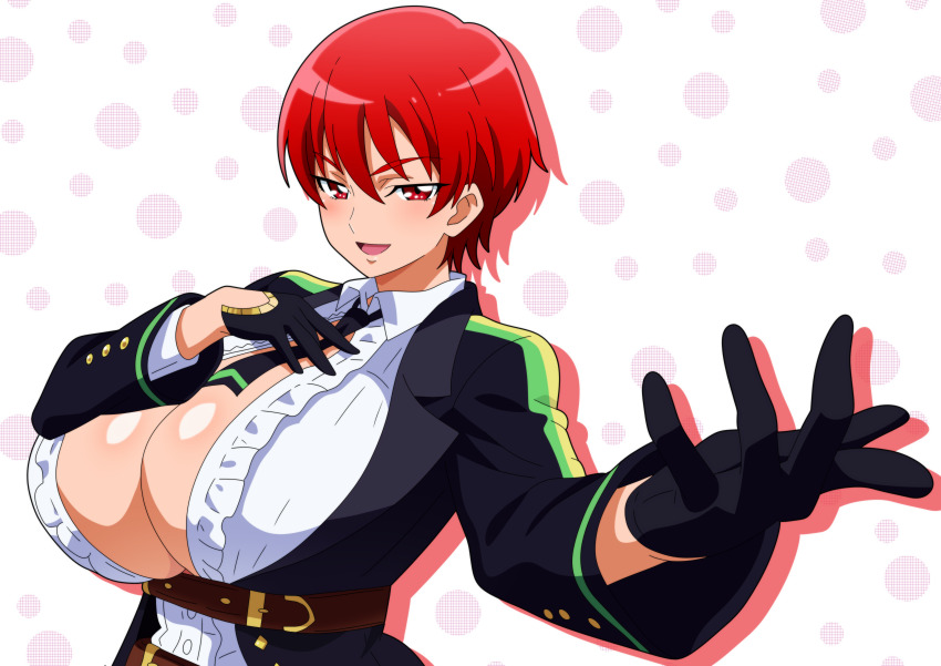 1girl, :d, absurdres, alternate_breast_size_(larger), belt, black_gloves, black_jacket, black_necktie