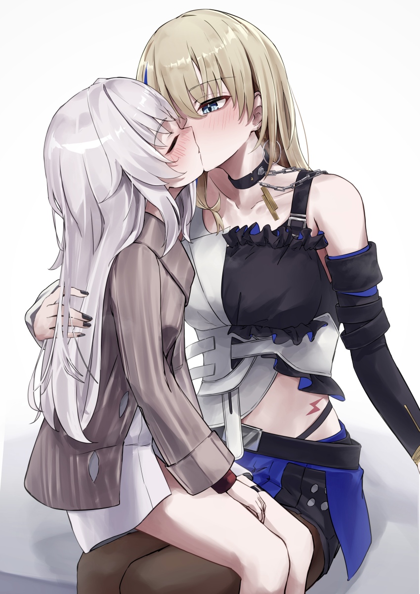 2girls, absurdres, age_difference, asymmetrical_clothes, bare_shoulders, black_choker, black_nails, blonde_hair, blue_eyes, blue_hair, blue_skirt, blue_streaks, breasts, chain, choker, clara_(honkai:_star_rail), closed_eyes, commentary, commission, commissioner_upload, detached_sleeves, earrings, height_difference, highres, honkai:_star_rail, honkai_(series), hoop_earrings, jewelry, kiss, lightning_bolt_tattoo, long_hair, medium_breasts, multicolored_hair, multiple_girls, pixiv_commission, sakahana, serval_landau, shirt, sitting, sitting_on_lap, sitting_on_person, skirt, streaked_hair, sweater, thigh_strap, white_hair, white_shirt, yuri