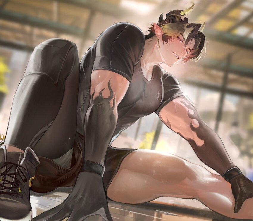 1boy, arknights, black_hands, blush, chongyue_(arknights), colored_extremities, dragon_boy, dragon_horns