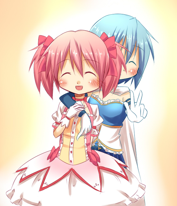 10s, 1105suwako, 2girls, :d, :o, arm_around_neck, armband, blue_hair