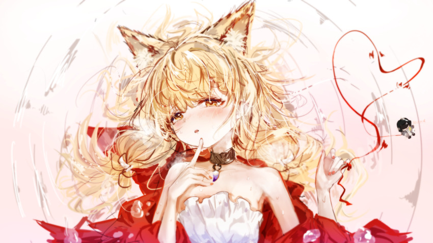 1girl, absurdres, animal_ear_fluff, animal_ears, arknights, arknights:_endfield, black_choker, blonde_hair, chinese_commentary, choker, cloak, commentary, finger_to_own_chin, flat_chest, fox_ears, fox_girl, highres, l5mon_meng, long_hair, looking_at_viewer, red_cloak, rossi_(arknights), solo, yellow_eyes