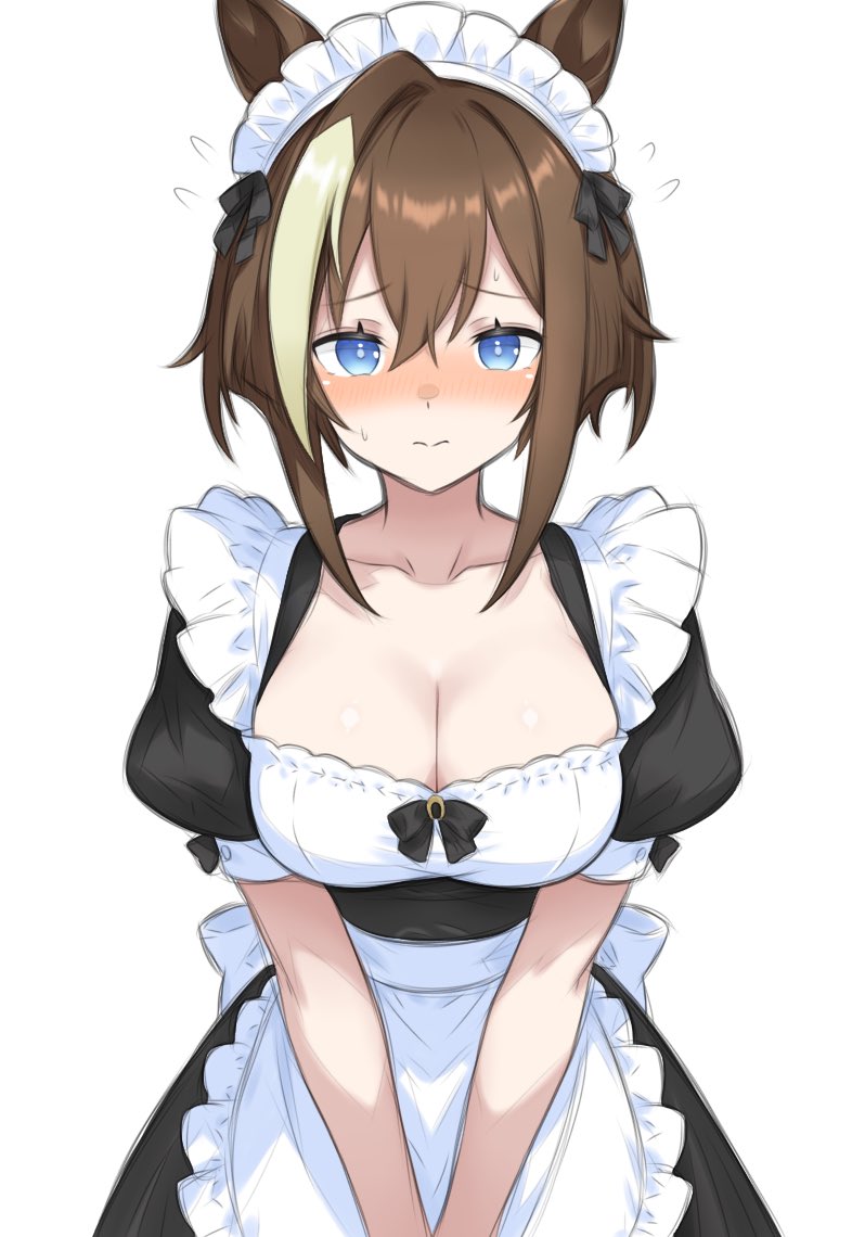 1girl, animal_ears, apron, black_dress, blush, breasts, brown_hair, cheval_grand_(umamusume)