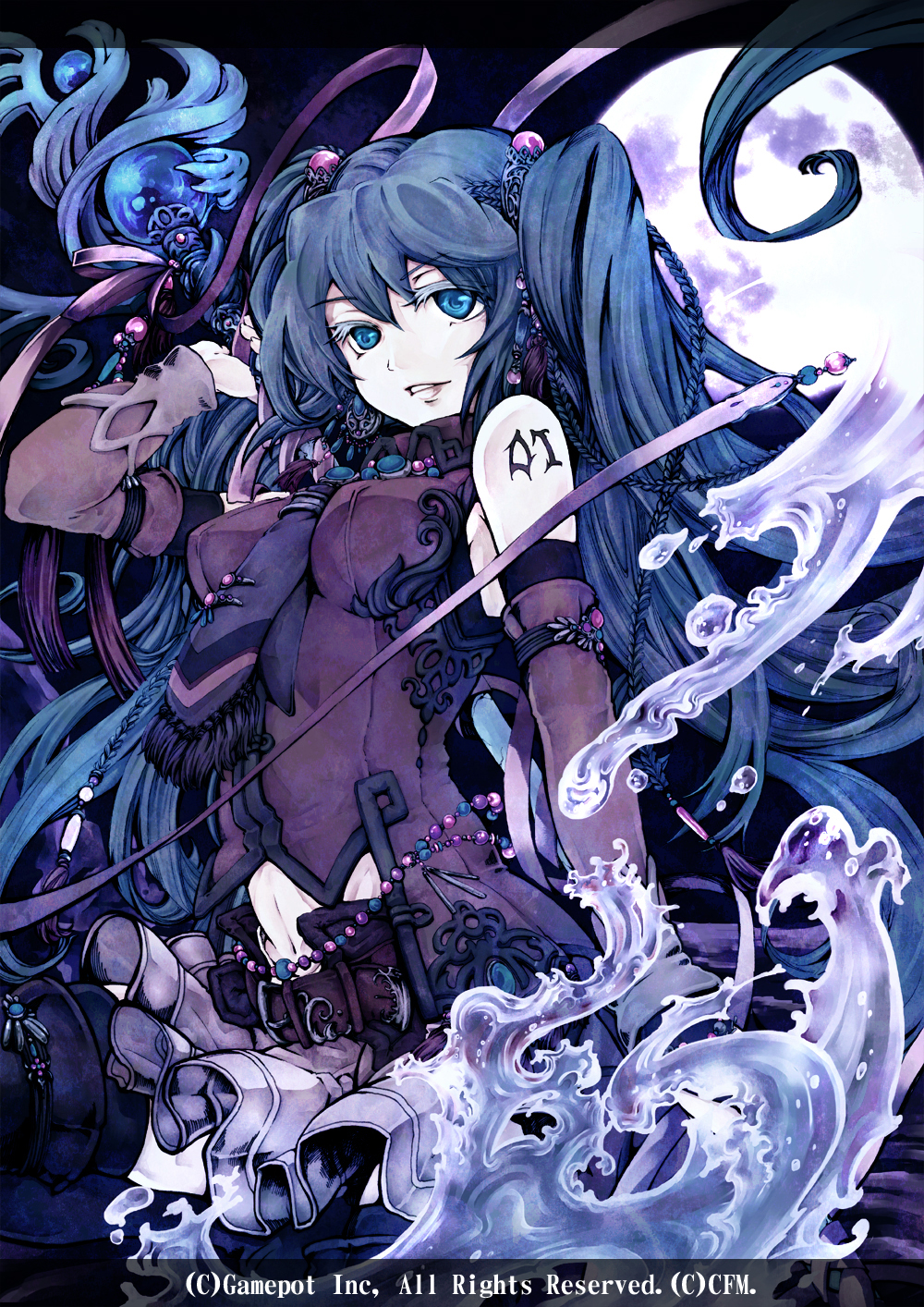 1girl, alteil, alteil_battle_rpg, aqua_eyes, aqua_hair, detached_sleeves, female_focus, full_moon