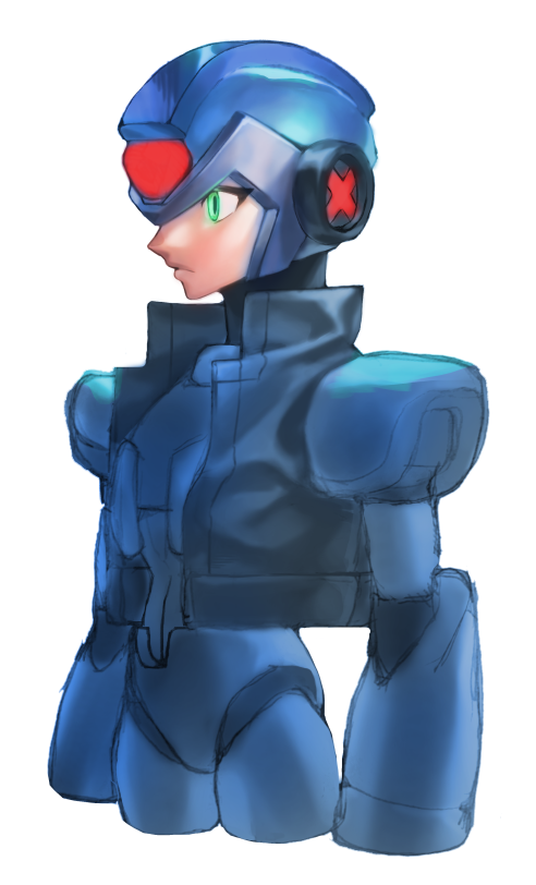 1boy, android, armor, blue_armor, blue_helmet, blue_vest, commentary_request, cowboy_shot