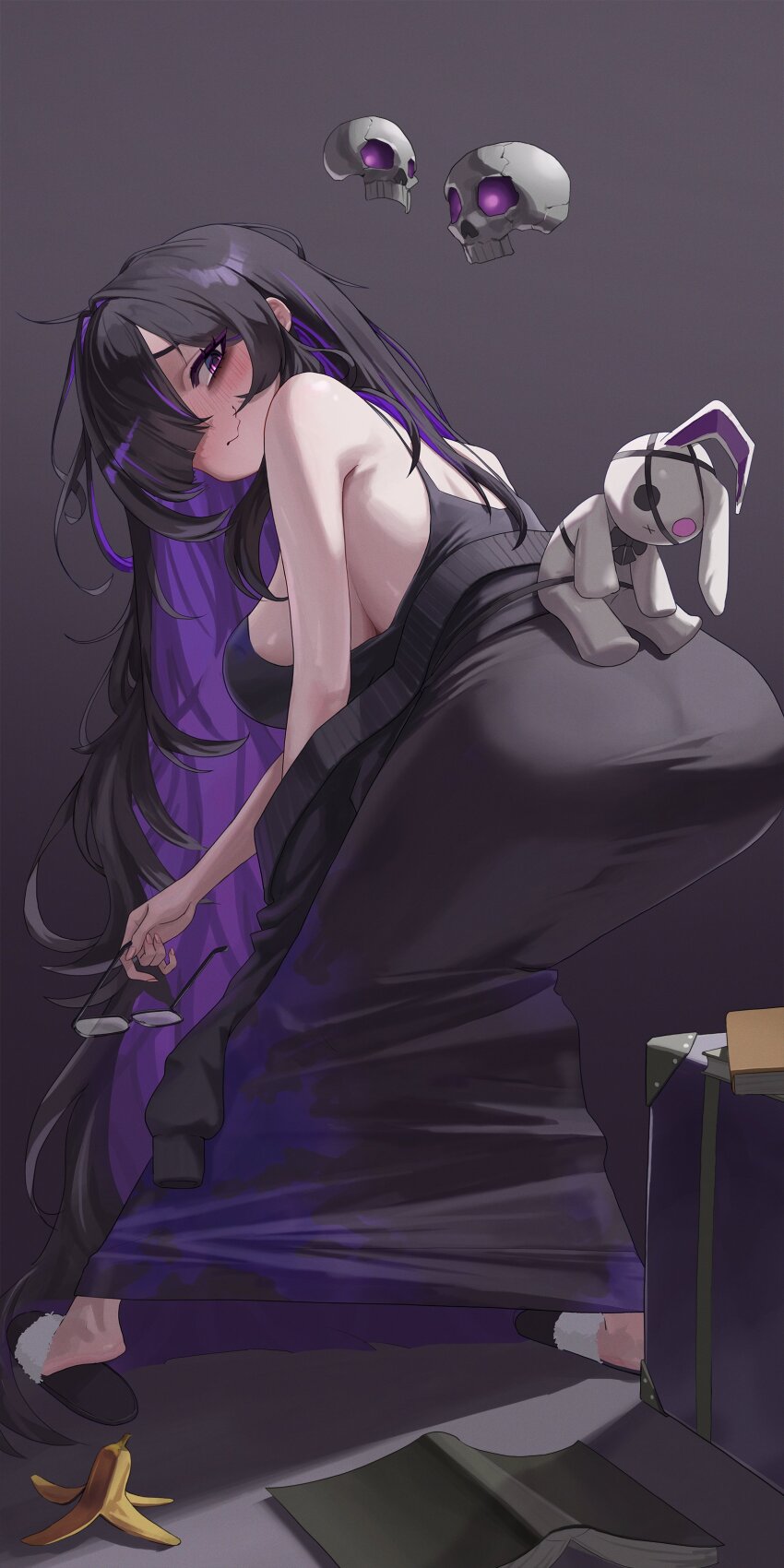 1girl, absurdres, ass, ass_focus, bags_under_eyes, black-framed_eyewear, black_cardigan, black_dress, black_hair, blush, book, breasts, cardigan, colored_inner_hair, commentary_request, dress, floating_skull, glasses, goddess_of_victory:_nikke, hair_over_one_eye, highres, holding, holding_removed_eyewear, kili_(happy_kili), label_(nikke), large_breasts, long_hair, looking_at_viewer, mojyo, multicolored_hair, nervous_smile, purple_eyes, purple_hair, sideboob, smile, solo, stuffed_animal, stuffed_rabbit, stuffed_toy, two-tone_hair, unworn_eyewear, very_long_hair
