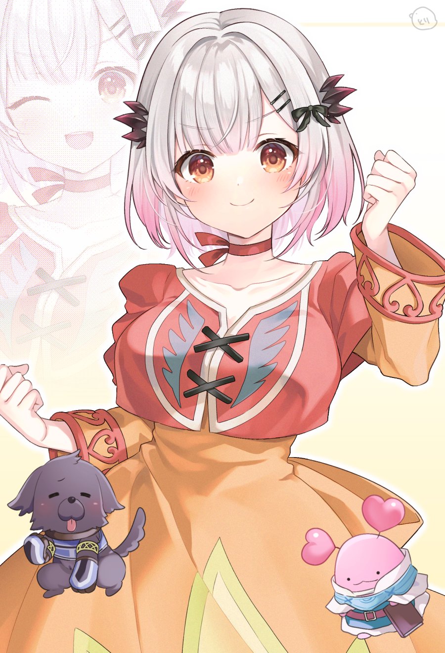 1girl, black_bow, bow, choker, clenched_hands, commentary_request, cosplay, demon_girl, demon_horns, dress, farah_oersted, farah_oersted_(cosplay), gradient_hair, grey_hair, hair_bow, hand_up, highres, horns, indie_virtual_youtuber, kanikama_(suou_patra), long_sleeves, multicolored_hair, orange_dress, pink_hair, red_choker, smile, suou_patra, tales_of_(series), tales_of_eternia, torimarururu, virtual_youtuber