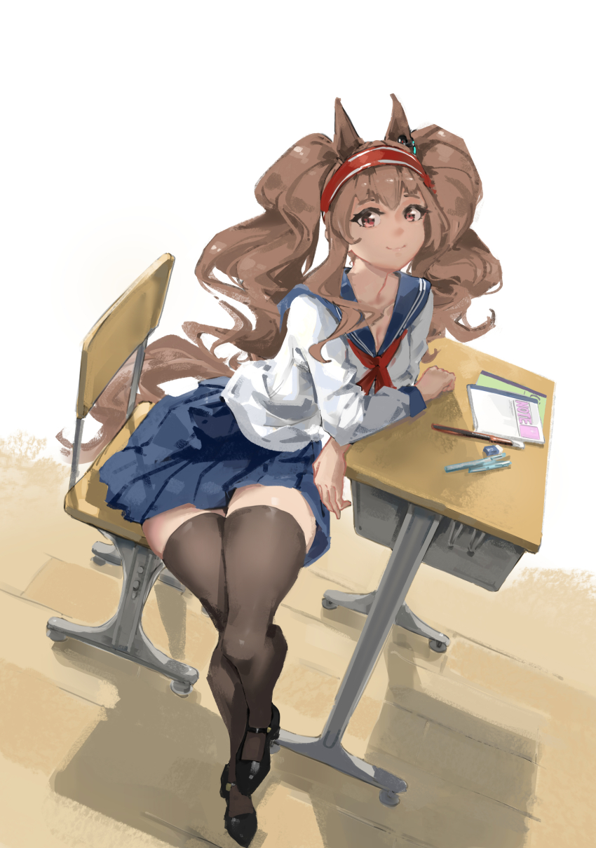 1girl, absurdres, alternate_costume, angelina_(arknights), animal_ear_fluff, animal_ears, arknights, black_shoes, black_thighhighs, blue_sailor_collar, blue_skirt, brown_hair, citrushn_(sushimiganbo), closed_mouth, commentary_request, fox_ears, fox_girl, fox_tail, hairband, highres, long_hair, neckerchief, red_hairband, red_neckerchief, sailor_collar, school_uniform, serafuku, shirt, shoes, sitting, skirt, smile, solo, tail, thighhighs, twintails, very_long_hair, white_shirt, zettai_ryouiki