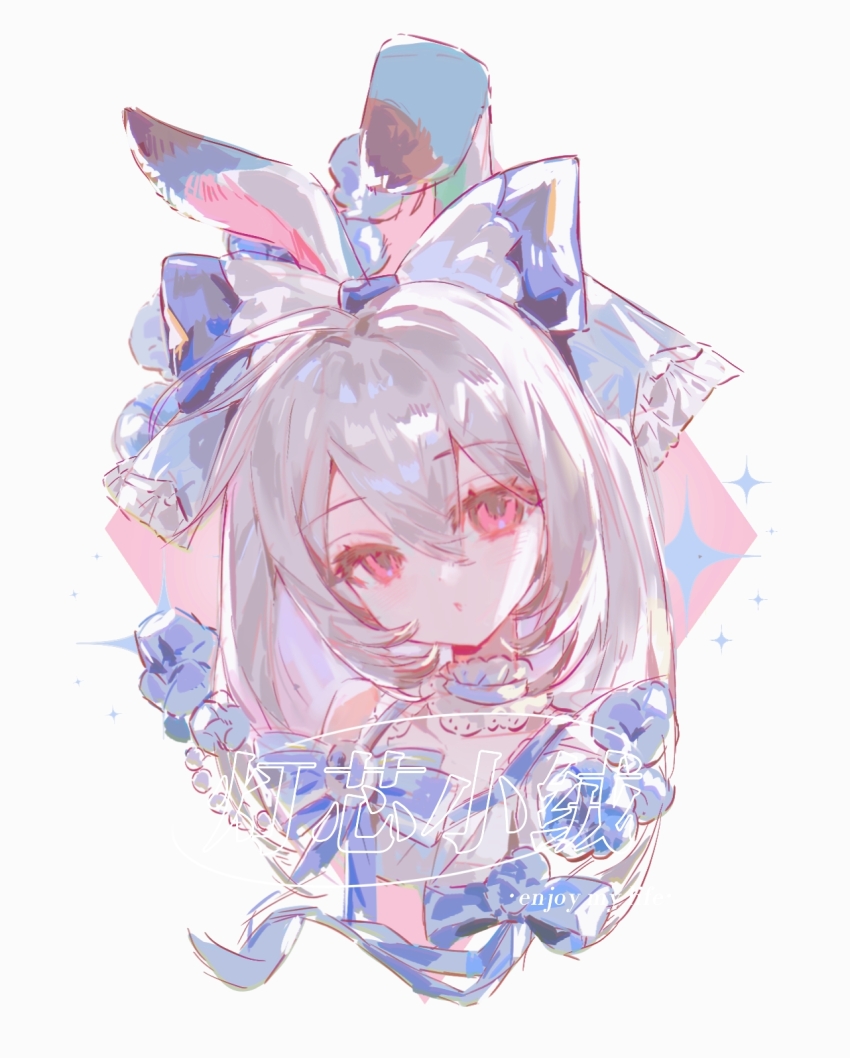 1girl, :o, ahoge, animal_ears, blue_bow, blush, bow, choker
