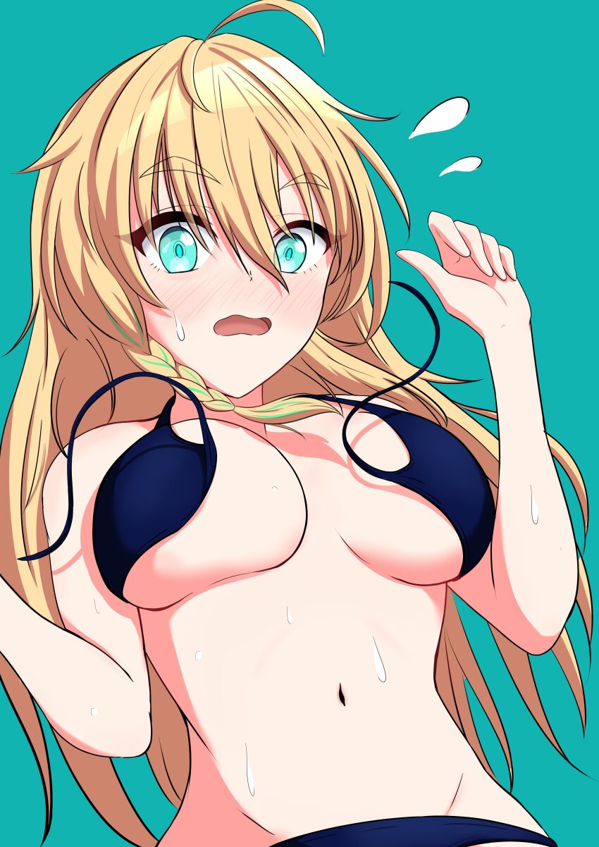 1girl, absurdres, ahoge, aqua_background, aqua_eyes, aqua_hair, bikini, blonde_hair