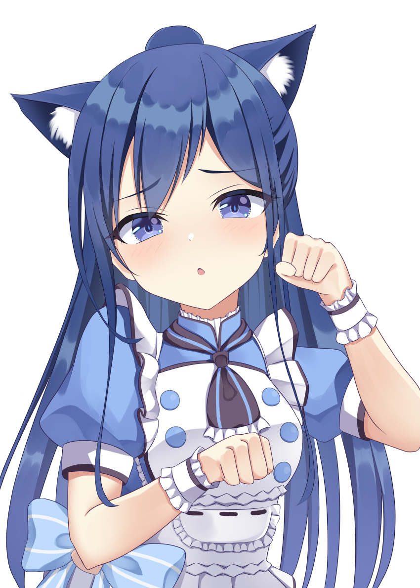 1girl, :o, absurdres, animal_ears, apron, blue_bow, blue_hair, blue_shirt