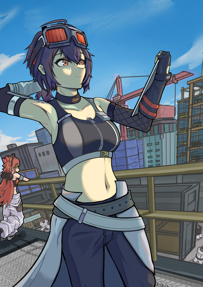 2girls, 3boys, absurdres, armpits, bare_shoulders, belt, ben_bigger, black_choker, black_hair, black_pants, blue_sky, breasts, choker, commentary, cowboy_shot, crop_top, day, elbow_gloves, gloves, goggles, goggles_on_head, grace_howard, grey_belt, gulacossa_222, highres, holding, koleda_belobog, medium_breasts, midriff, multiple_boys, multiple_girls, navel, orange_eyes, orange_hair, outdoors, pants, railing, short_hair, sky, sports_bra, standing, stomach, white_pants, zenless_zone_zero