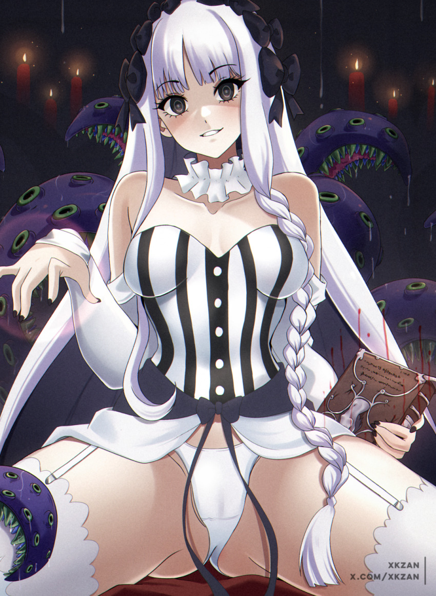 1girl, artist_name, bed_sheet, black_bow, black_eyes, blunt_bangs, blush, bow, breasts, candle, candlelight, collar, colored_inner_hair, commentary_request, corset, detached_sleeves, dress, fate/strange_fake, fate_(series), fingernails, francesca_prelati_(fate), frilled_collar, frills, garter_straps, gradient_background, grin, hair_bow, highres, long_hair, looking_at_viewer, medium_breasts, multicolored_hair, nail_polish, paid_reward_available, prelati's_spellbook, ringed_eyes, sidelocks, smile, smirk, solo, spread_legs, striped_clothes, striped_dress, tentacles, thighs, twitter_username, white_dress, white_hair, xkzan, yandere