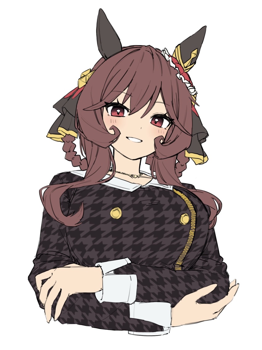 1girl, animal_ears, black_coat, braid, braided_hair_rings, breasts, brown_hair, coat