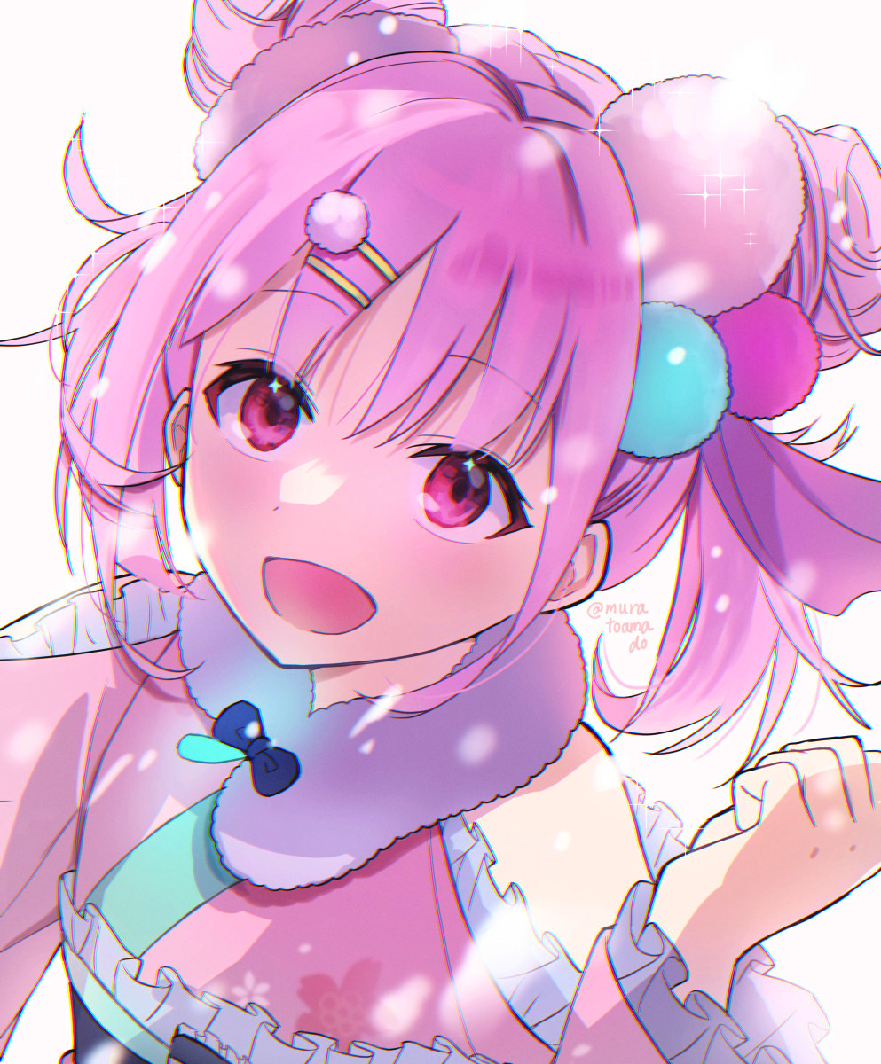 1girl, :d, backlighting, bare_shoulders, blush, clenched_hand, commentary_request, double_bun