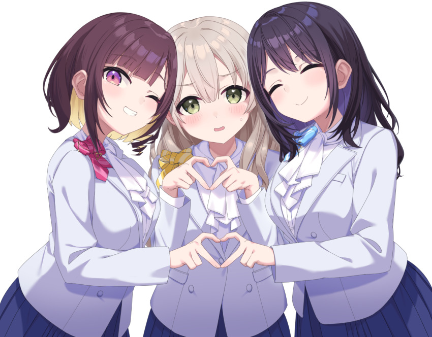 3girls, ascot, black_hair, blonde_hair, blue_skirt, breasts, brown_hair, closed_eyes, colored_inner_hair, dot_nose, fragir, green_eyes, grey_jacket, hair_between_eyes, hanazono_sayaka, heart, heart_hands, hololive, izuki_michiru, jacket, kazeshiro_yuki, lapels, large_breasts, long_hair, long_sleeves, looking_at_viewer, medium_hair, multicolored_hair, multiple_girls, one_eye_closed, open_mouth, pleated_skirt, purple_hair, simple_background, skirt, smile, virtual_youtuber