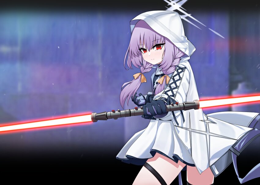 1girl, atsuko_(blue_archive), blue_archive, commentary_request, double_bladed_lightsaber, energy_sword, hair_between_eyes, halo