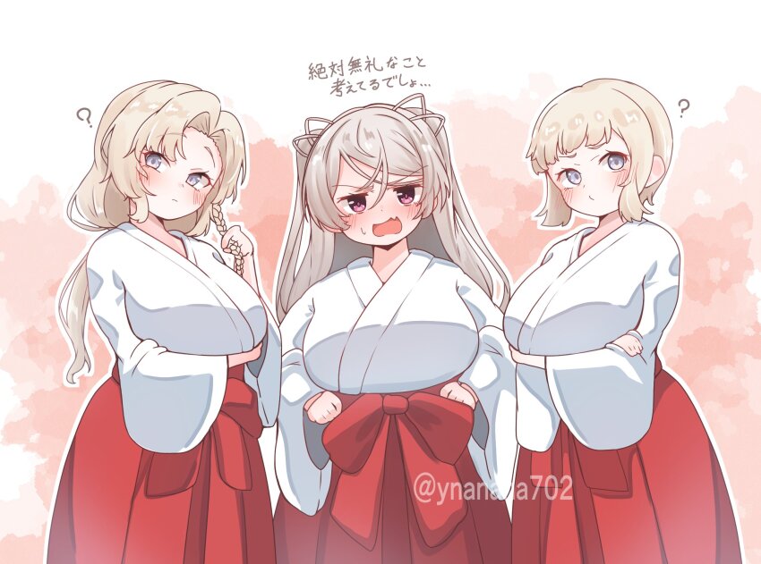 3girls, 702_(naotsu), ?, blonde_hair, breasts, brown_eyes, commentary_request, conte_di_cavour_(kancolle)