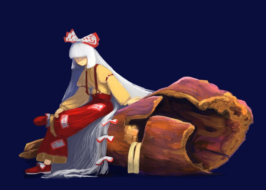 1girl, absurdres, baggy_pants, blue_background, blunt_bangs, bow, closed_eyes, closed_mouth