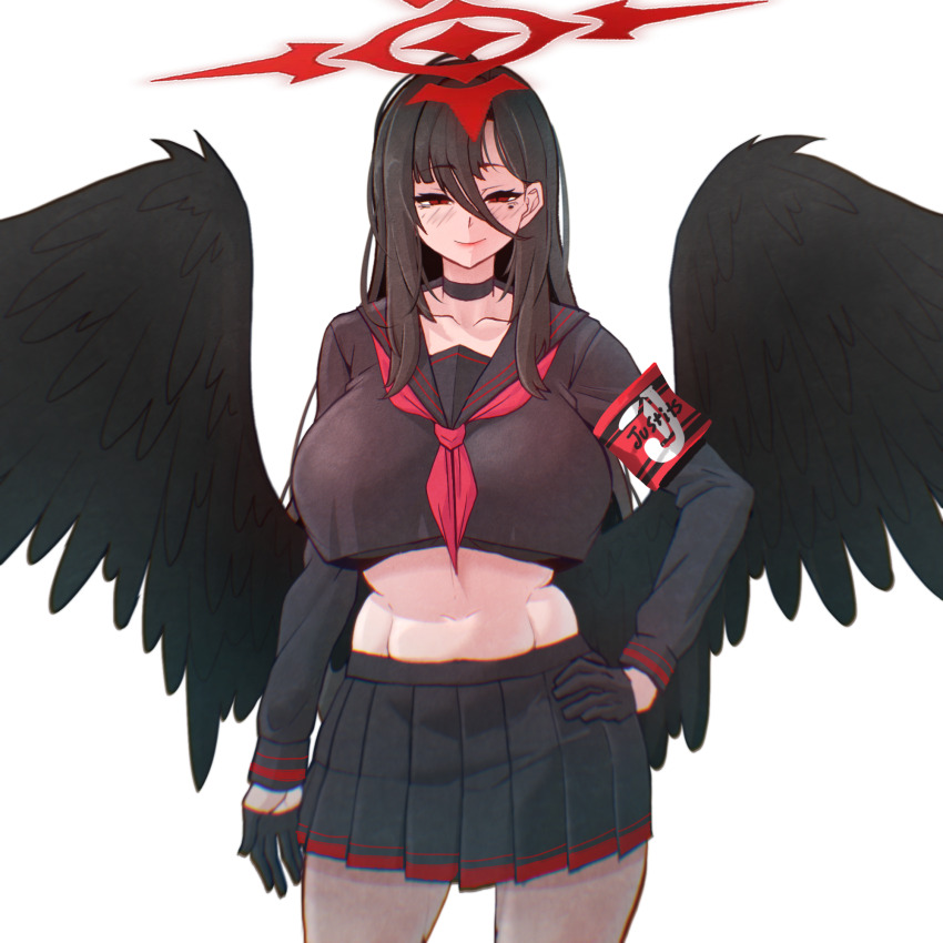 1girl, armband, black_choker, black_gloves, black_hair, black_sailor_collar, black_serafuku, black_wings