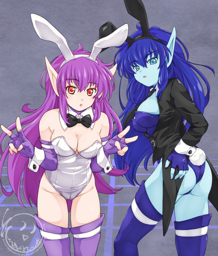 2girls, :o, ahoge, animal_ear_hairband, animal_ears, artist_logo, ass, black_bow