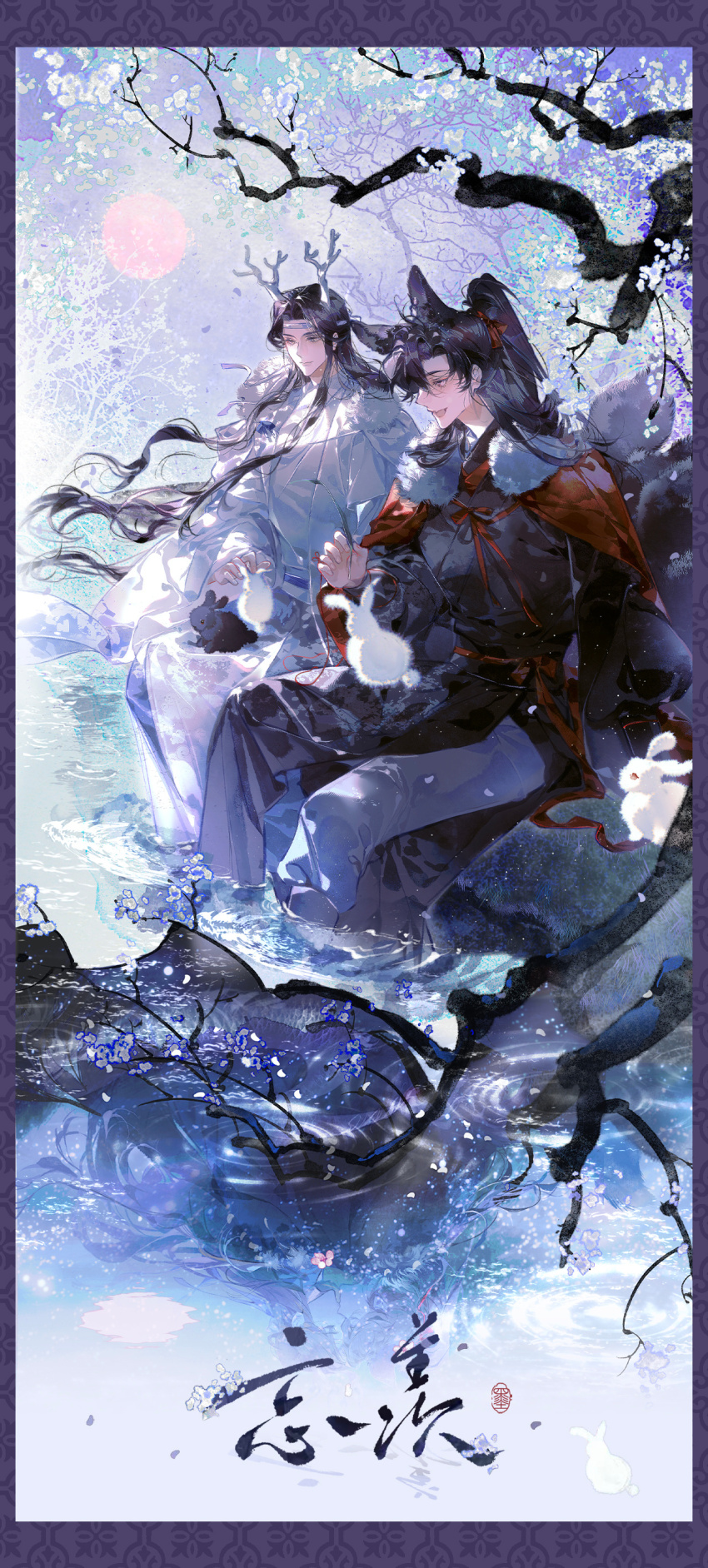 2boys, absurdres, ahoge, animal, animal_ears, animal_on_lap, bird, bishounen, black_hair, black_hanfu, black_rabbit_(animal), branch, calligraphy, cape, chinese_clothes, chinese_commentary, chinese_text, closed_mouth, commentary_request, commission, couple, different_reflection, dragon_boy, dragon_horns, eastern_dragon_horns, falling_petals, flower, fox_boy, fox_ears, fox_tail, fur-trimmed_cape, fur_trim, grey_pants, hair_ribbon, hanfu, headband, high_ponytail, highres, horns, kemonomimi_mode, kiss, kitsune, kyuubi, lan_wangji, light_particles, long_hair, long_sleeves, looking_at_another, looking_down, male_focus, modao_zushi, moon, multiple_boys, multiple_tails, on_lap, open_mouth, outdoors, outside_border, pants, petals, ponytail, profile, purple_eyes, rabbit, red_cape, red_ribbon, red_sash, reflection, reflective_liquid, ribbon, ripples, robe, rock, sash, seal_impression, second-party_source, shan_you_ting_su, sitting, smile, soaking_feet, tail, tree, water, wei_wuxian, white_cape, white_flower, white_hanfu, white_headband, white_rabbit_(animal), wide_sleeves, winter_clothes, yaoi, yellow_eyes