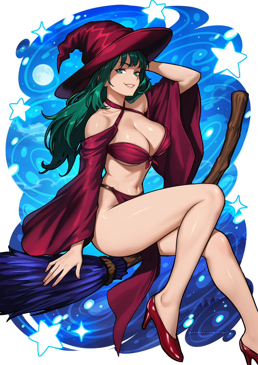 1girl, bare_legs, breasts, broom, broom_riding, cleavage, commentary, duel_monster, english_commentary, green_eyes, green_hair, hat, highres, large_breasts, legs, long_hair, long_sleeves, looking_at_viewer, mystical_sand, navel, patreon_username, red_hat, red_shoes, red_sleeves, redjet, shoes, smile, solo, star_(symbol), thighs, witch_hat, yu-gi-oh!