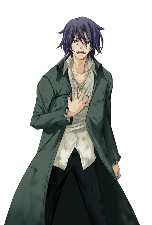 1boy, beard_stubble, black_pants, chaos;head, clutching_chest, coat, collarbone, dress_shirt, facial_hair, game_cg, green_coat, hand_on_own_chest, hatano_issei, long_sleeves, looking_at_viewer, male_focus, matsuo_yukihiro, messy_hair, non-web_source, official_art, open_collar, open_mouth, pants, purple_eyes, purple_hair, science_adventure, shirt, solo, sprite, stubble, torn_clothes, torn_sleeves, transparent_background
