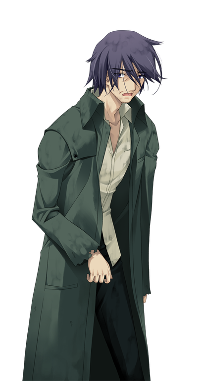 1boy, beard_stubble, black_pants, chaos;head, coat, collarbone, dress_shirt, facial_hair