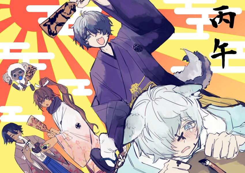 5boys, absurdres, black_hair, blue_eyes, blue_hair, brothers, brown_eyes, commentary_request