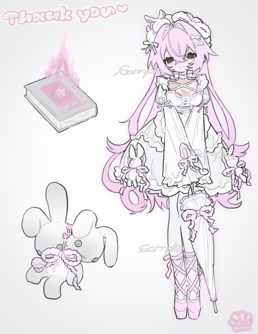 1girl, am314, black_eyes, book, bow, breasts, closed_umbrella, commentary_request