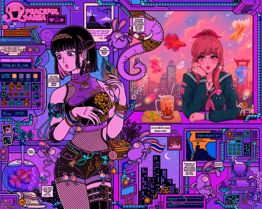2girls, absurdly_detailed_composition, armband, arsnzip, artist_name, black_hair, black_shorts, blunt_bangs