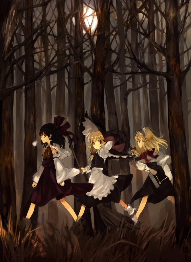 3girls, alice_margatroid, bad_id, bad_pixiv_id, black_hair, blonde_hair, book, brown_eyes