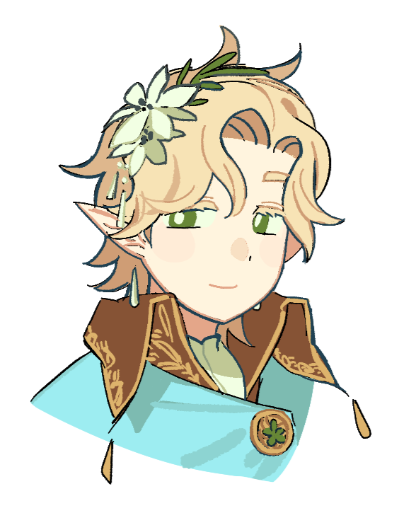 1boy, androgynous, animification, bannerfall_smp, bishounen, bright_pupils, buttons, colored_eyelashes, cropped_shoulders, earrings, flower, green_eyes, hair_flower, hair_ornament, high_collar, jewelry, looking_at_viewer, male_focus, minecraft_youtube, mipaihere, pointy_ears, short_hair, simple_background, smajor1995, smile, solo, white_background, white_flower, white_pupils