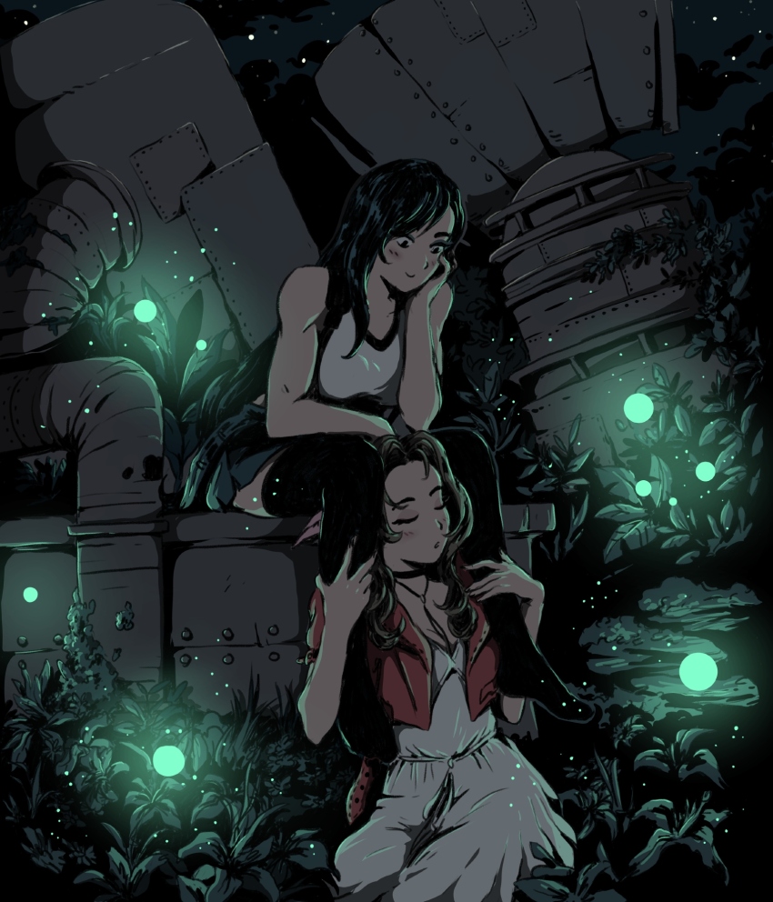 2girls, aerith_gainsborough, arm_support, black_hair, black_skirt, black_thighhighs, brown_hair, chlowski, commentary, crop_top, cropped_jacket, dark, dress, english_commentary, final_fantasy, final_fantasy_vii, final_fantasy_vii_remake, glowing, glowing_plants, head_between_thighs, highres, industrial_pipe, jacket, multiple_girls, red_jacket, shirt, sitting, skirt, smile, thighhighs, tifa_lockhart, white_dress, white_shirt, yuri