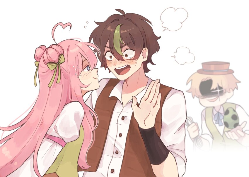 +_+, 1girl, 2boys, ahoge, animification, arms_behind_back, bamboozlers_(wild_life_smp), blonde_hair, blue_eyes, blush, bright_pupils, brown_eyes, brown_hair, brown_vest, buttons, collared_shirt, commentary, couple, double_bun, egg, english_commentary, eye_contact, flustered, green_ribbon, green_vest, hair_between_eyes, hair_bun, hair_ribbon, hand_up, hat, heart, heart_ahoge, hetero, highres, holding, ldshadowlady, long_hair, long_sleeves, looking_at_another, minecraft_youtube, multicolored_hair, multiple_boys, official_alternate_costume, open_clothes, open_mouth, open_vest, pink_hair, raqkuni, ribbon, shaded_face, shirt, short_hair, short_sleeves, simple_background, smallishbeans, smile, solidaritygaming, streaked_hair, traffic_life_series, upper_body, very_long_hair, vest, white_background, white_pupils, white_shirt, wide-eyed, wild_life_smp
