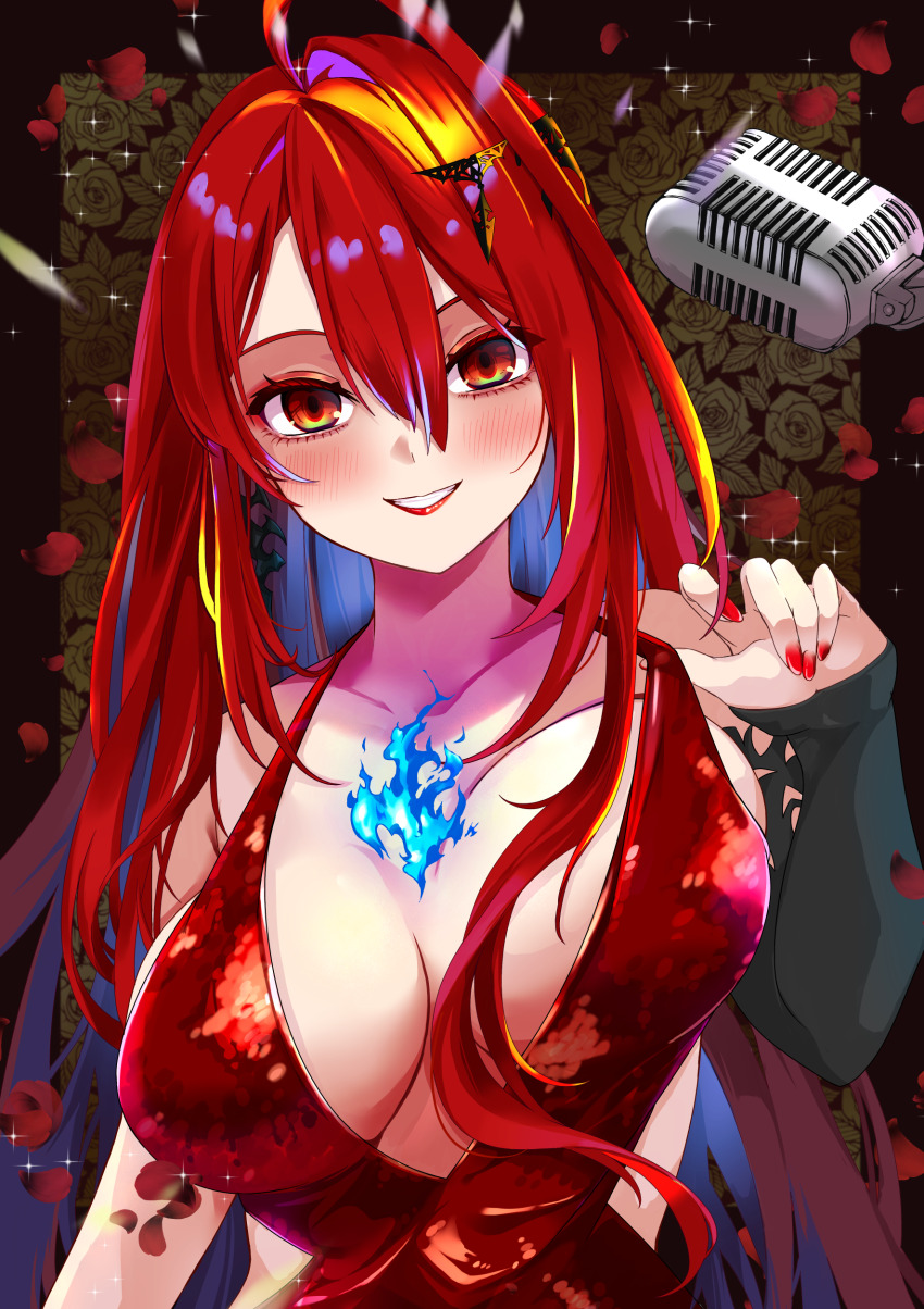 1girl, absurdres, ahoge, bare_shoulders, blue_fire, blue_hair, blush, breasts