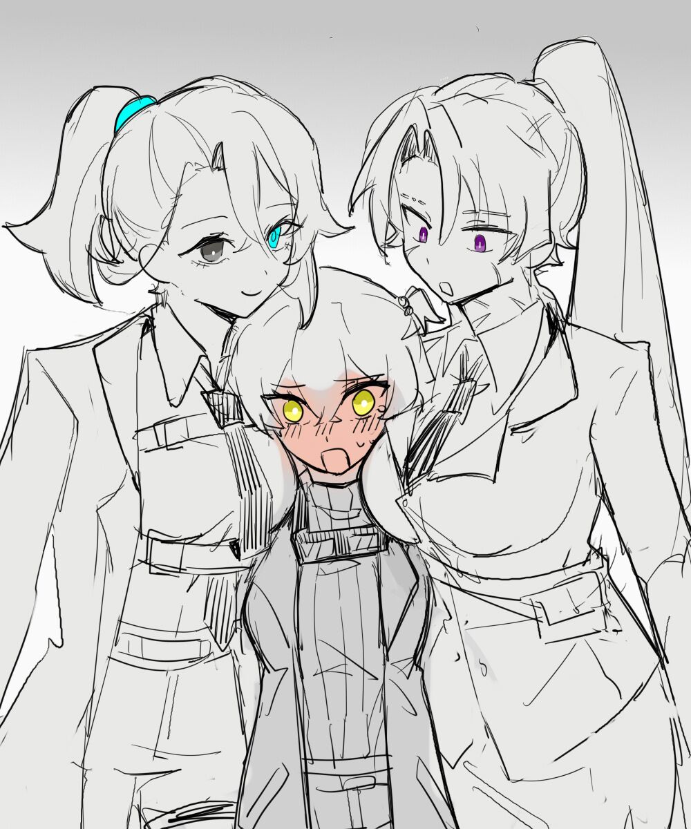 3girls, alternate_costume, alternate_hair_length, alternate_hairstyle, arm_at_side, blue_eyes, blush, breast_sandwich, breasts, bright_pupils, chest_harness, closed_mouth, coat, collared_shirt, commentary, crossed_bangs, dress_shirt, embarrassed, english_commentary, eyelashes, facial_scar, full-face_blush, full-stop_office_(identity)_(project_moon), genderswap, genderswap_(mtf), girl_sandwich, grey_background, hair_between_eyes, hair_bobbles, hair_intakes, hair_ornament, harness, heathcliff_(project_moon), height_difference, high_ponytail, highres, hong_lu_(project_moon), jacket, lapels, large_breasts, limbus_company, long_hair, long_sleeves, looking_at_another, looking_at_viewer, medium_breasts, medium_hair, multiple_girls, necktie, office_lady, oldqianze, one_side_up, open_clothes, open_coat, open_mouth, pelvic_curtain, pencil_skirt, ponytail, project_moon, purple_eyes, ribbed_sweater, sandwiched, scar, scar_on_cheek, scar_on_face, shirt, side_slit, sinclair_(project_moon), single_hair_intake, skirt, slit_pupils, smile, spot_color, suit_jacket, sweater, tearing_up, tears, undershirt, white_pupils, wing_collar, yellow_eyes, yuri