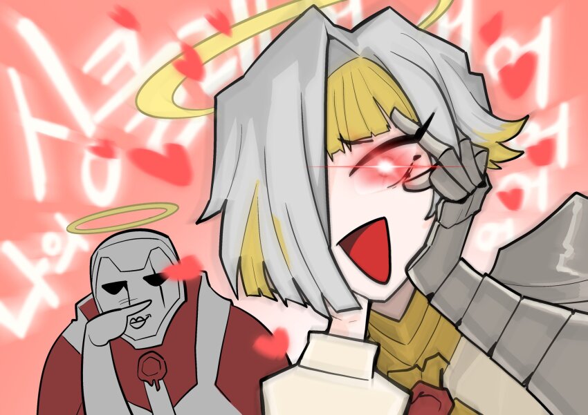 1boy, 1girl, armor, asymmetrical_bangs, blonde_hair, blunt_bangs, closed_mouth, finger_to_own_nose