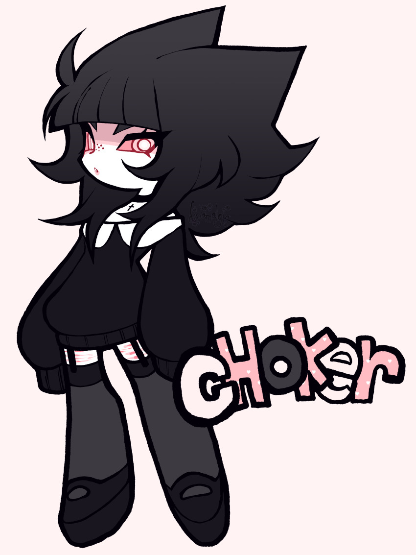 1other, absurdres, ash_kinoshita, black_hair, black_thighhighs, blunt_bangs, bright_pupils, choker