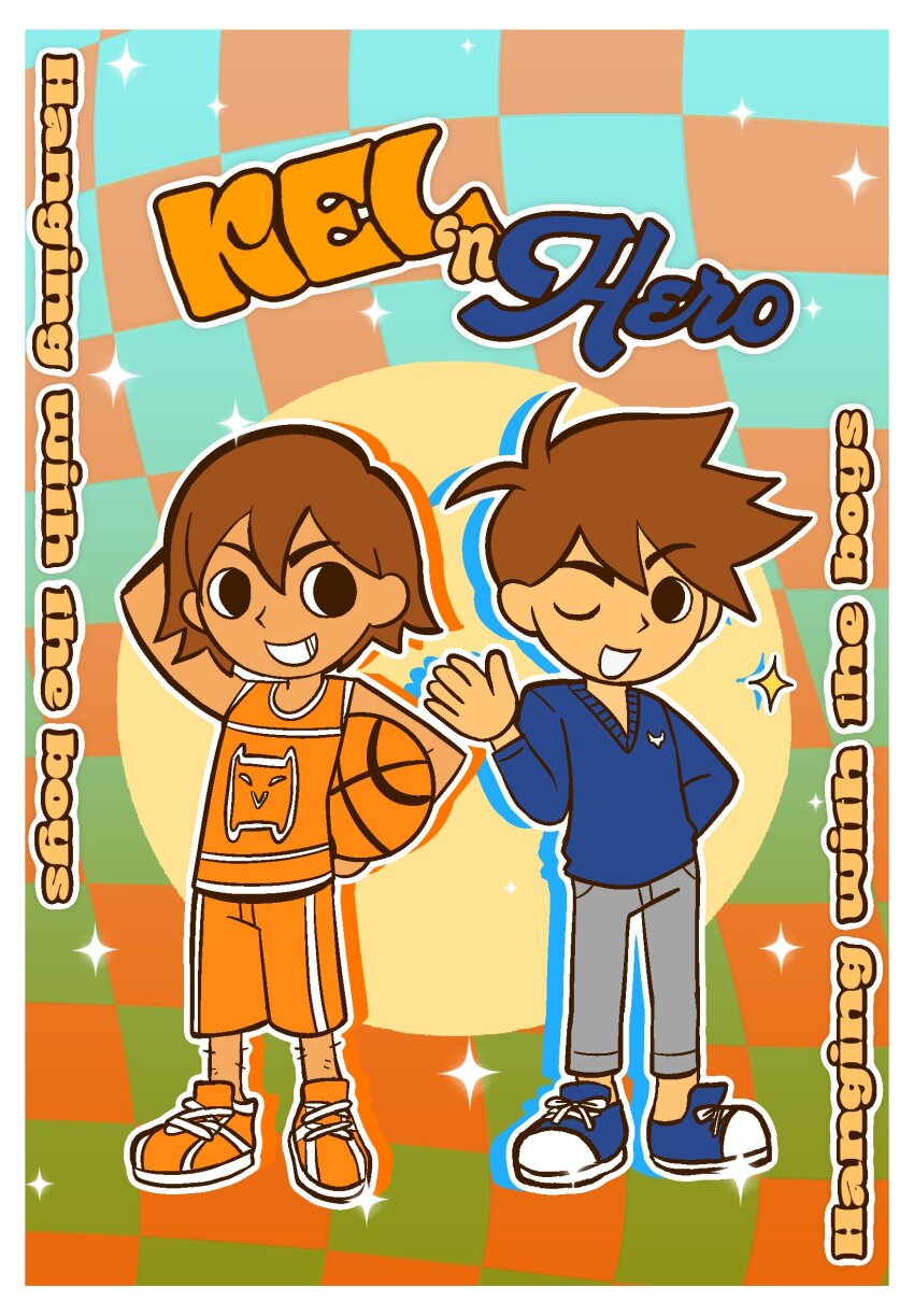 2boys, antenna_hair, arm_behind_head, arm_up, black_eyes, blue_shoes, blue_sweater, brothers