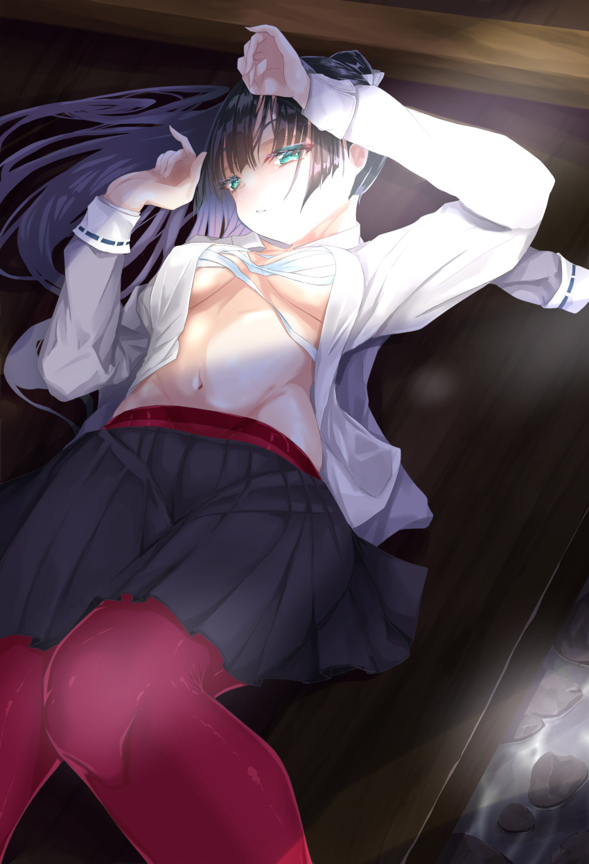 1girl, absurdres, black_hair, blue_eyes, chest_sarashi, commentary_request, convenient_censoring, heaven_burns_red