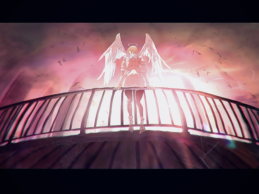 angel, angel_wings, bird, black_leggings, blonde_hair, blurry, blurry_background, building