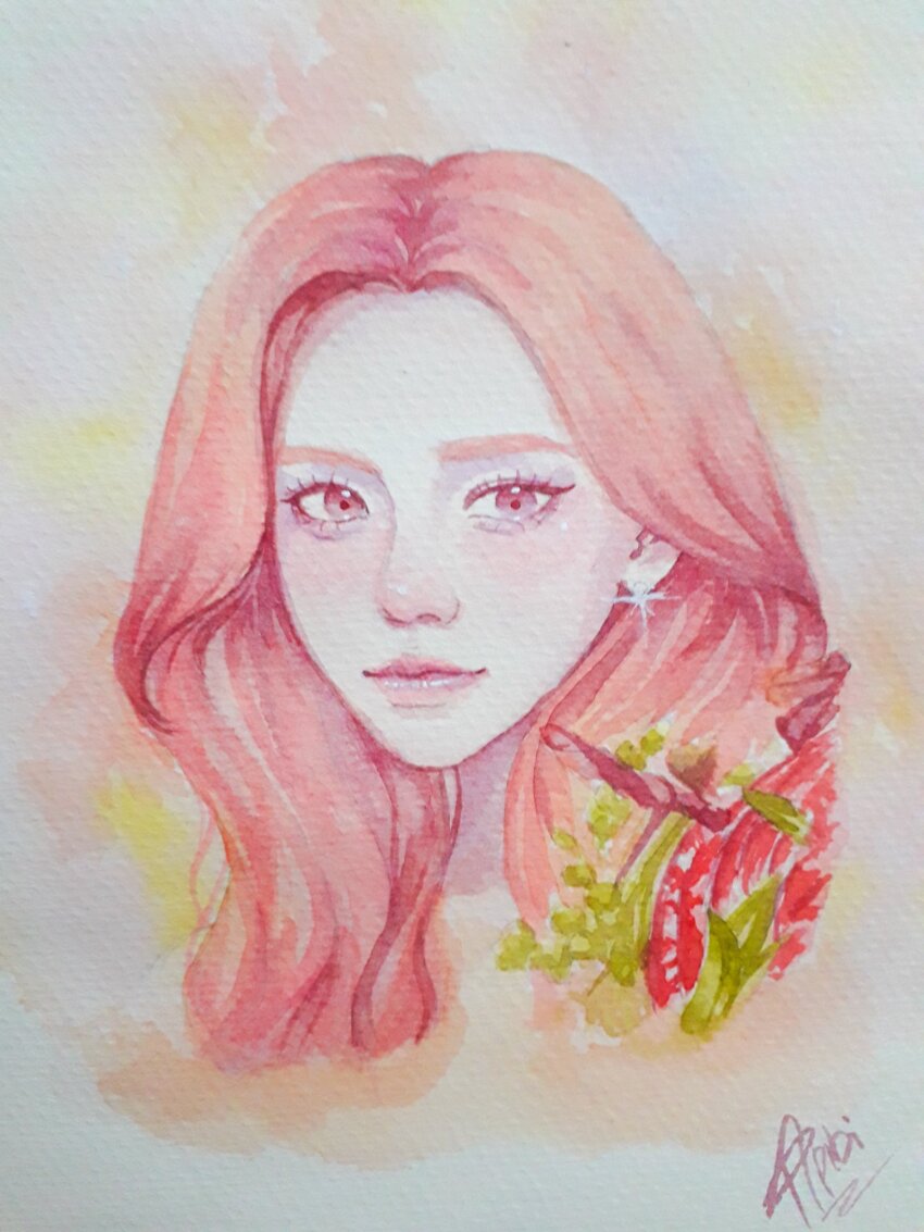 1girl, aegyo_sal, closed_mouth, commentary, eyelashes, highres, looking_to_the_side, makeup, mascara, medium_hair, orange_hair, painting_(medium), pibiart, real_life, signature, simple_background, solo, traditional_media, umji_(gfriend), viviz, watercolor_(medium)
